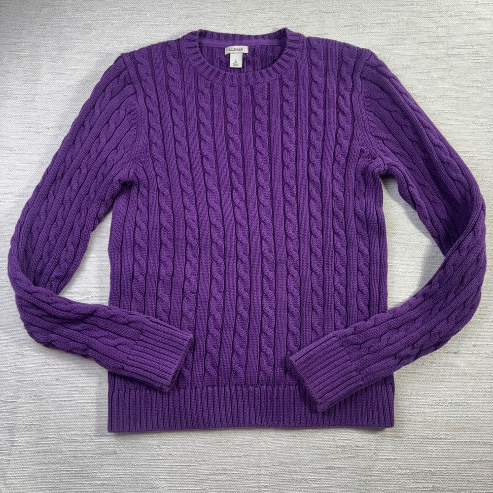 LL Bean Womens Purple Cable Knit Cotton Crew Neck Sweater 258841 Size S Regular